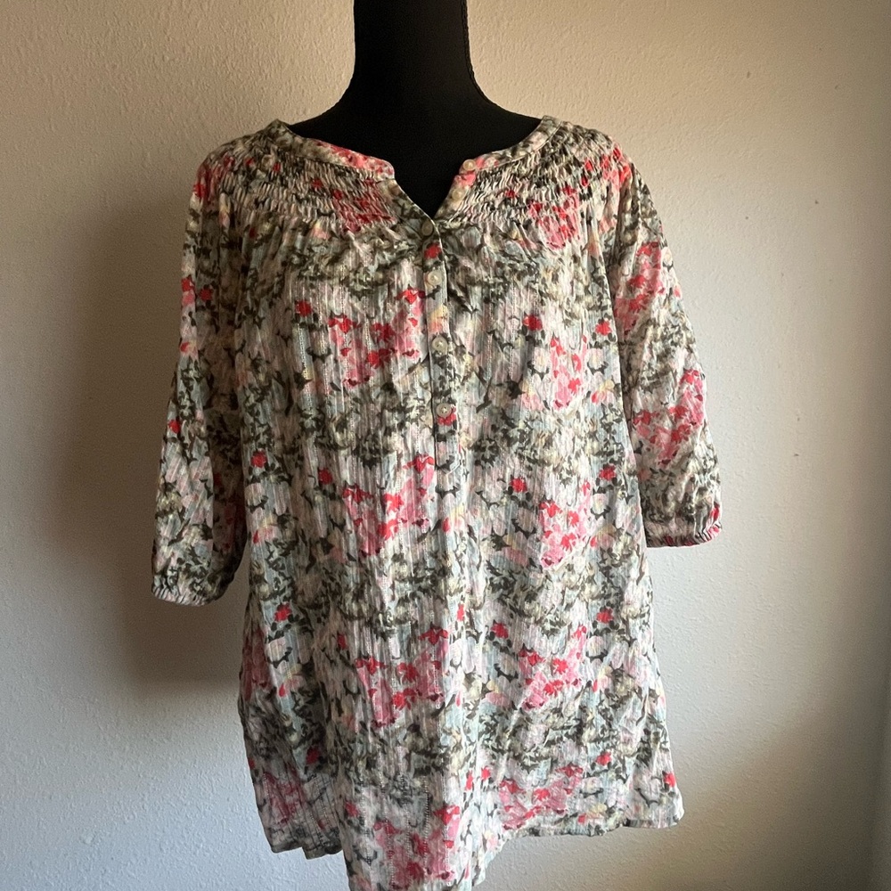 LOFT Floral Blouse with Pink and Green Accents